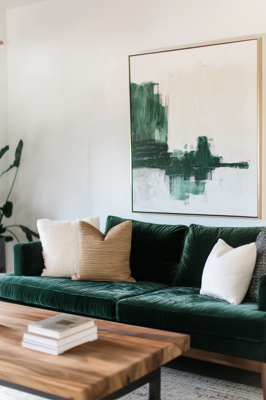 A bold living room with a green velvet sofa, abstract art, and brass accents.