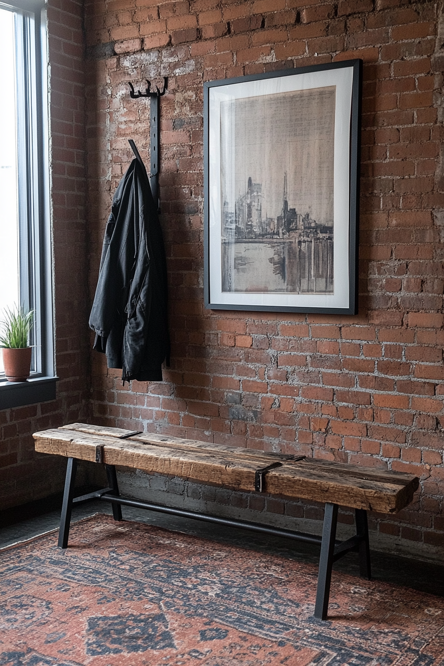 An entryway with a reclaimed wood bench, metal coat rack, and brick wall.