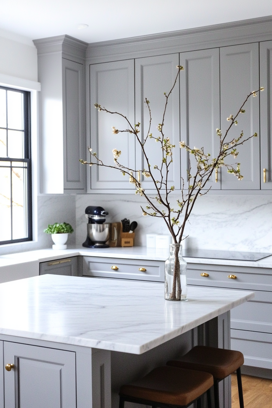 A photograph of a sophisticated kitchen with smooth white marble countertops, minimalist gray cabinets, and brass fixtures. The clean design is complemented by a simple, elegant island for added workspace and seating.