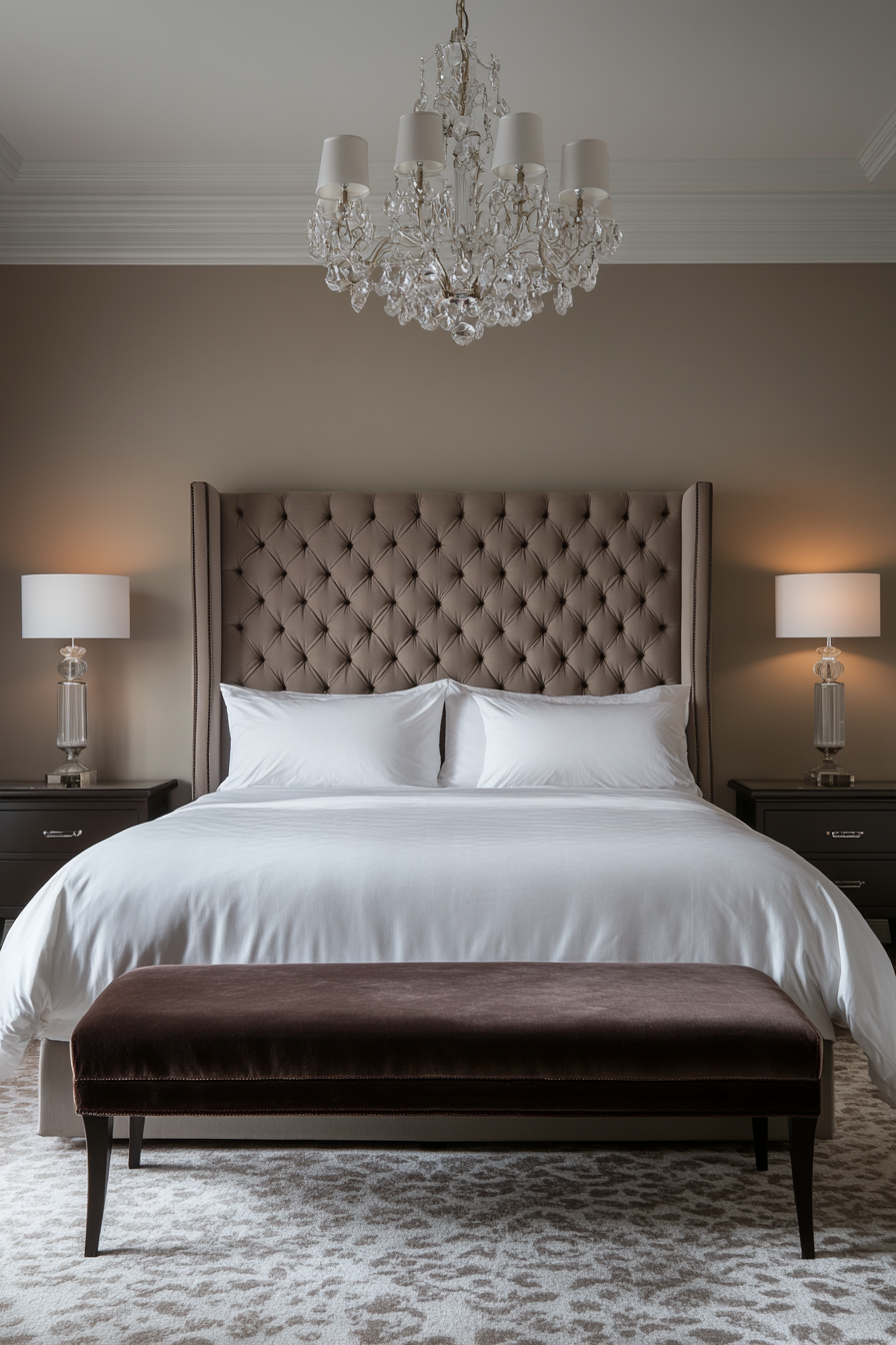 A luxury guest room with plush bedding, a tufted headboard, and sleek side tables.