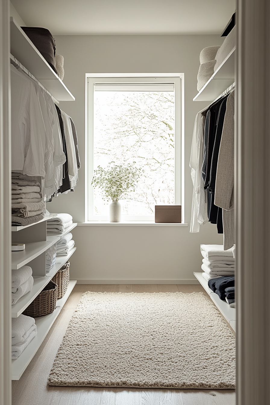 A minimalist walk-in closet with sleek white shelving, clean lines, and soft lighting.