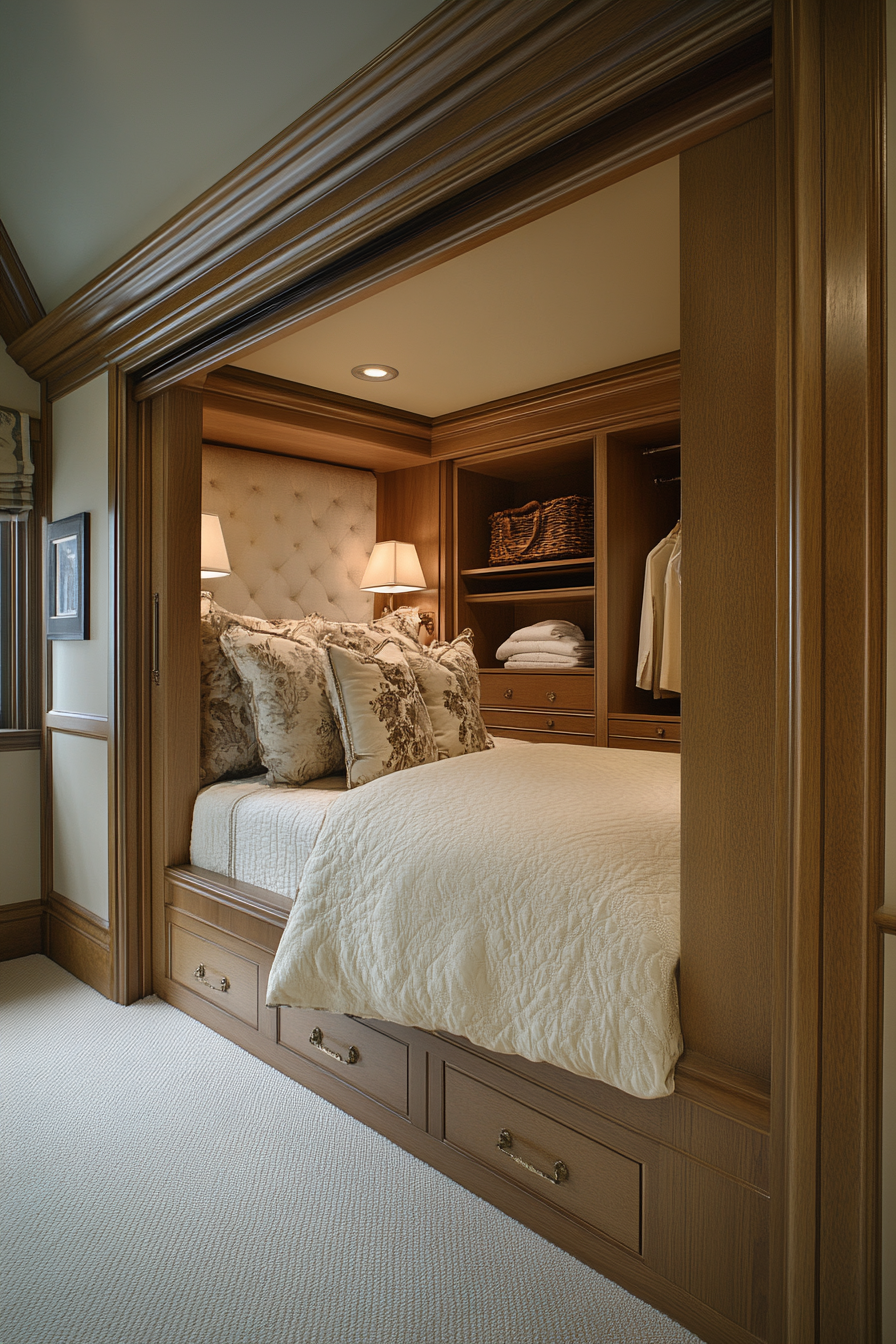 A bedroom with a walk-in closet hidden behind a false wall with built-in storage.