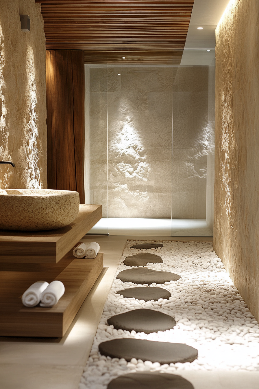 A serene spa bathroom with wooden accents and a stone basin sink.