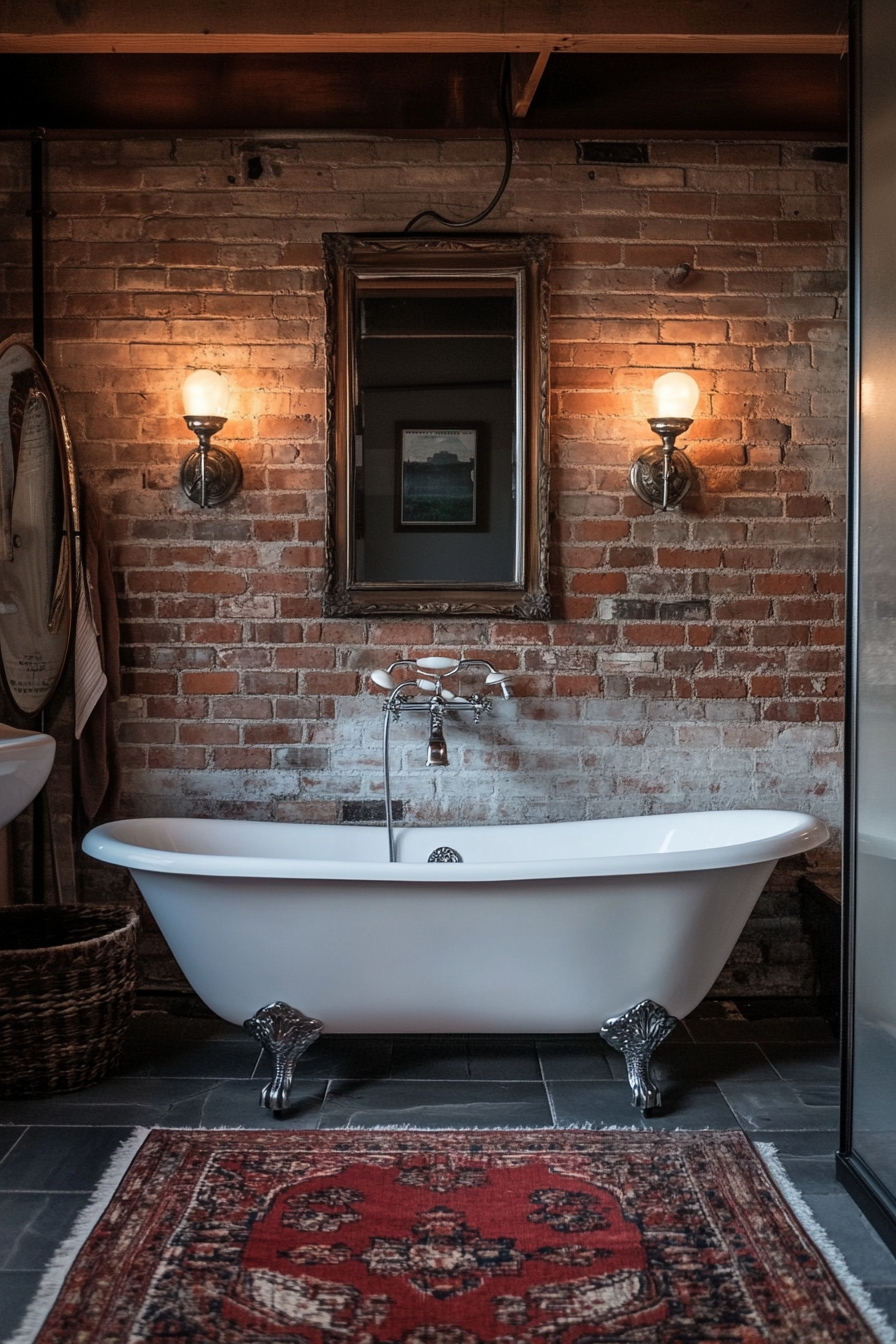 A bathroom with a clawfoot tub, exposed pipes, and brick walls.