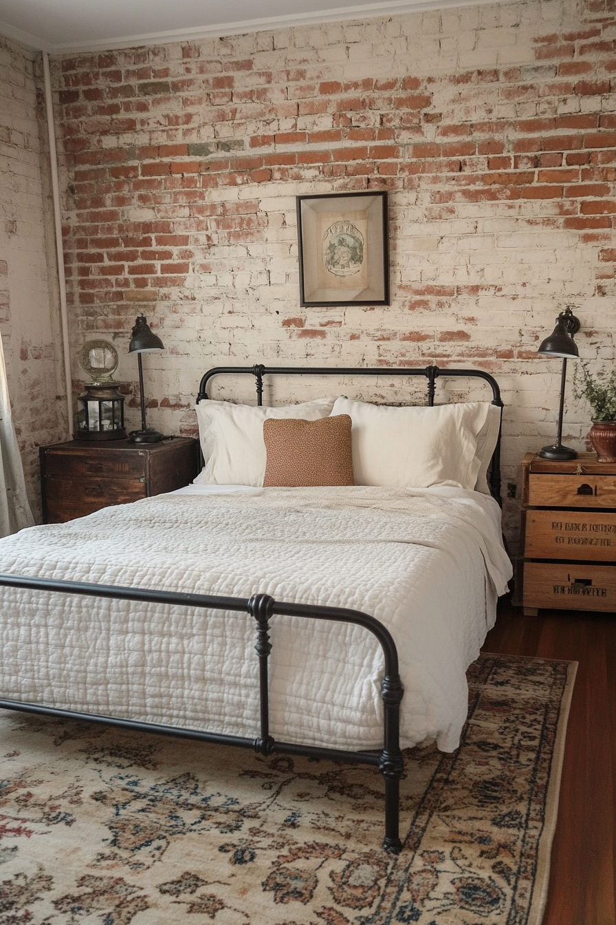 A bedroom with an exposed brick wall, iron bed frame, and vintage lamps.