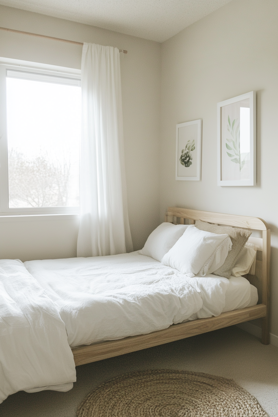 A Scandinavian guest room with a light wood bed, white bedding, and minimalist decor.