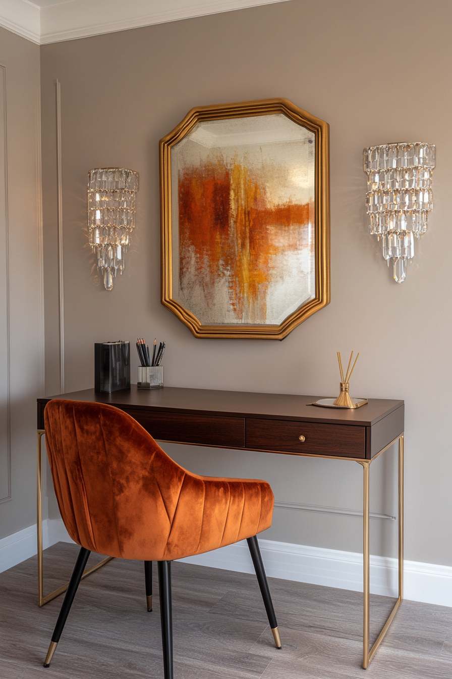 A home office with a velvet chair, gold accents, and crystal wall sconces.