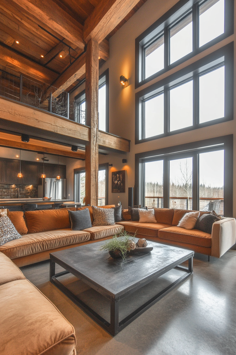 A living room with exposed wooden beams, concrete flooring, and metal decor.