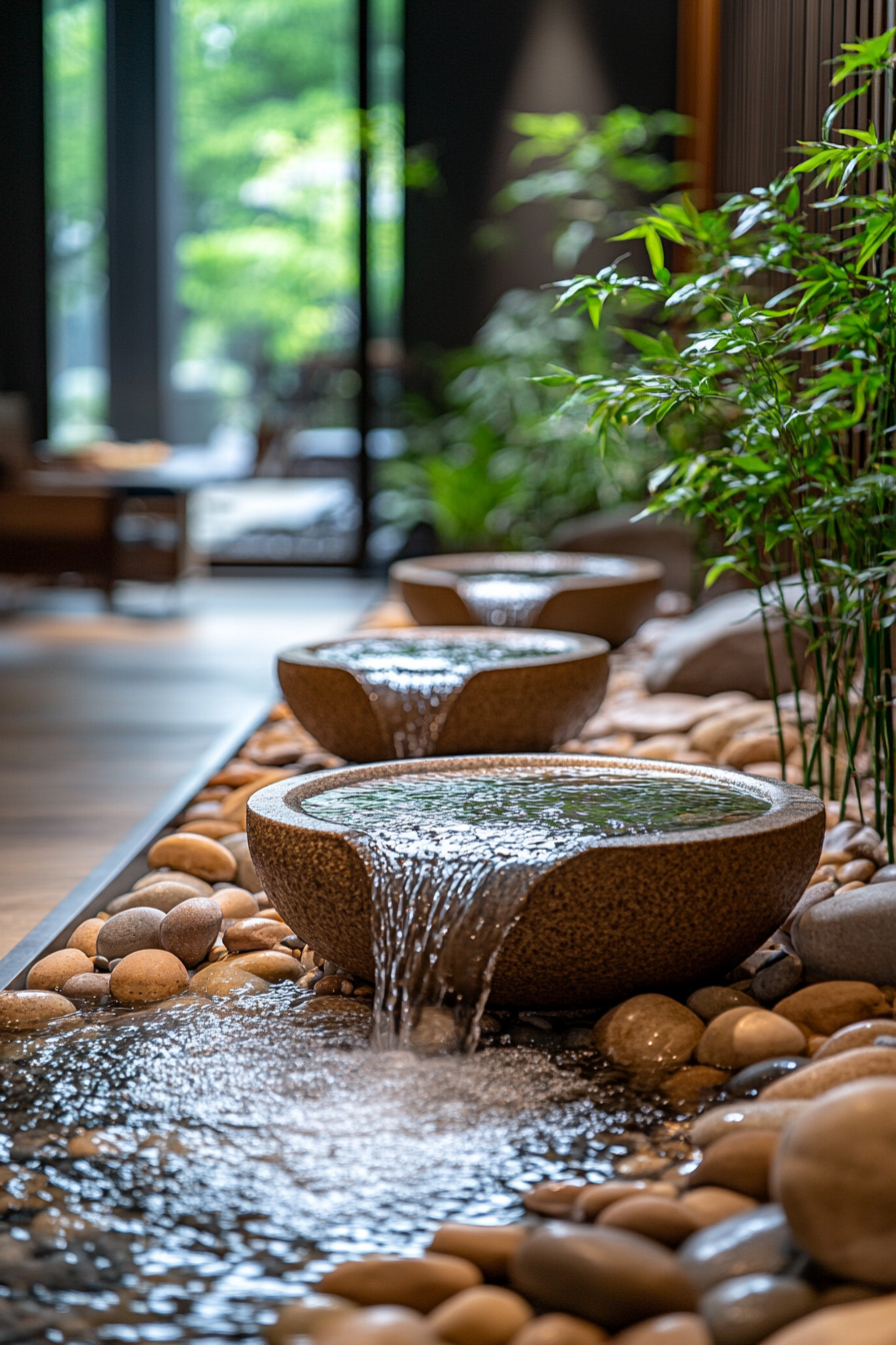 A Zen room with a small water fountain surrounded by river stones and bamboo.