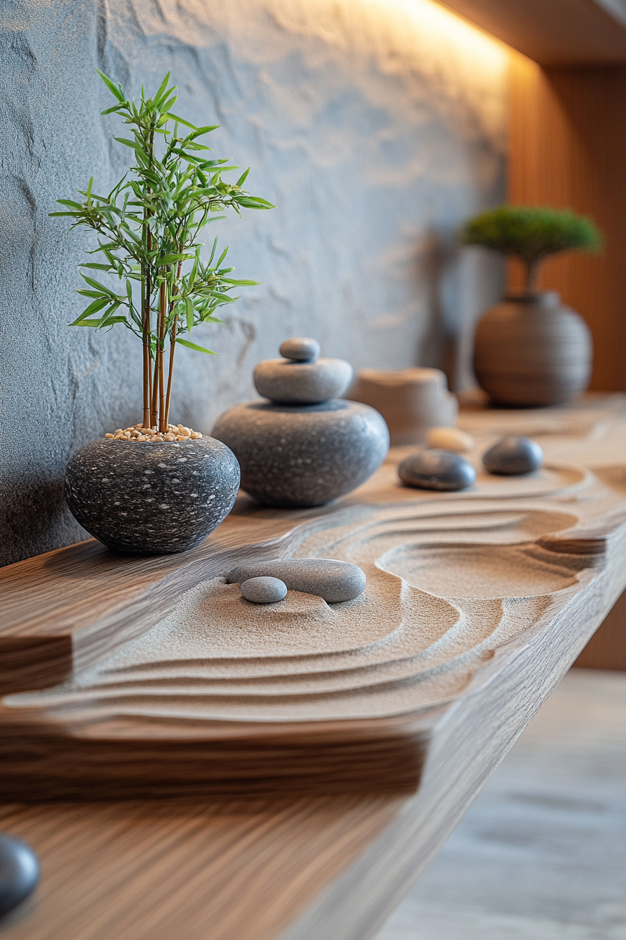 A wall shelf decorated as a small sand garden with raked sand and pebbles.