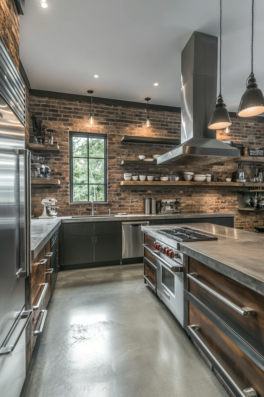 A kitchen with exposed brick walls, metal shelving, and stainless steel appliances.