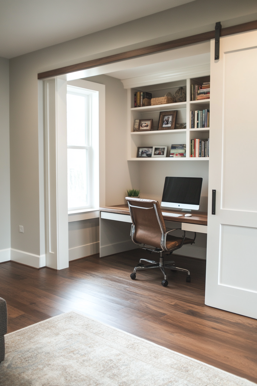 A home office concealed behind a sliding wall in a living room.