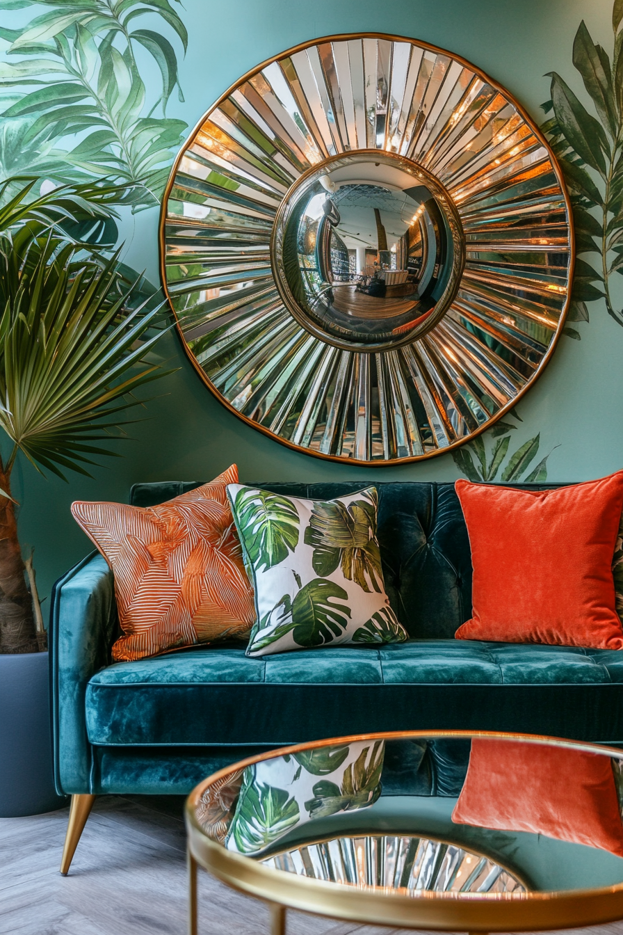 A living room with a velvet sofa, gold-trimmed table, and tropical accents.