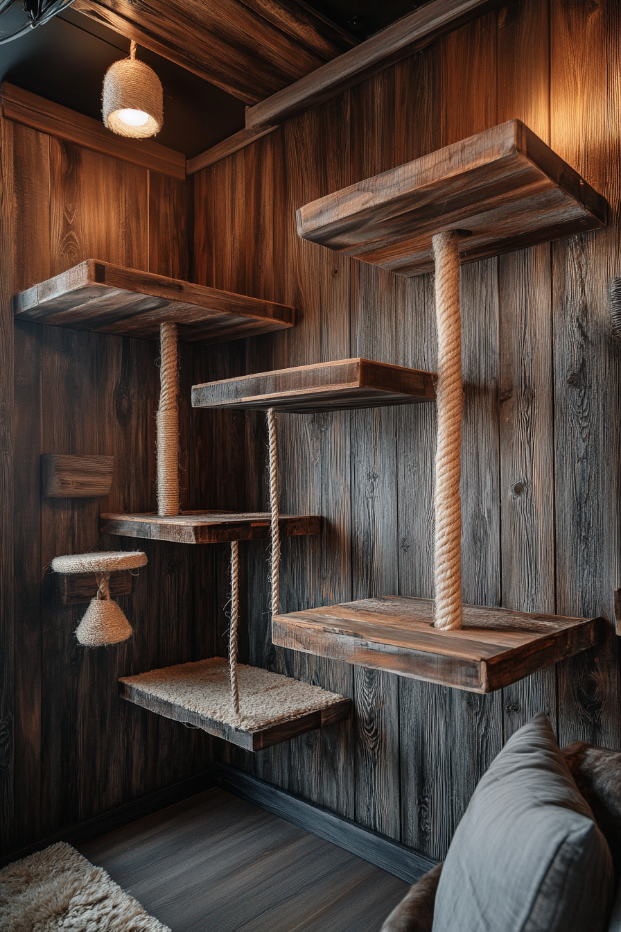Reclaimed wooden shelves with small rope details mounted at different heights.