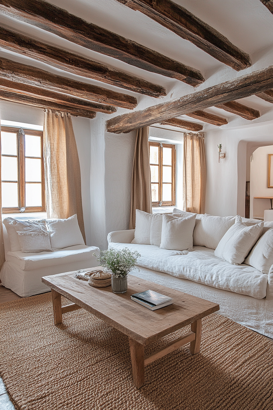 A living room with exposed beams, a linen sofa, and a jute rug.