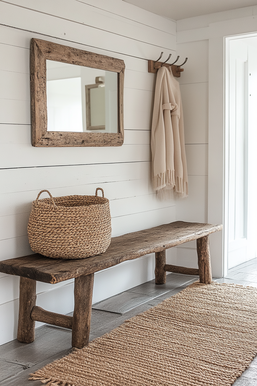 An entryway with a wooden bench, woven basket, and shiplap walls.