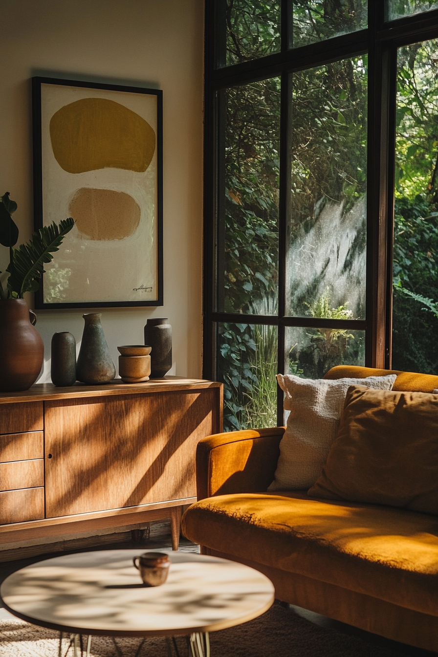 A mid-century living room with a rust-colored sofa, wooden sideboard, and abstract art.