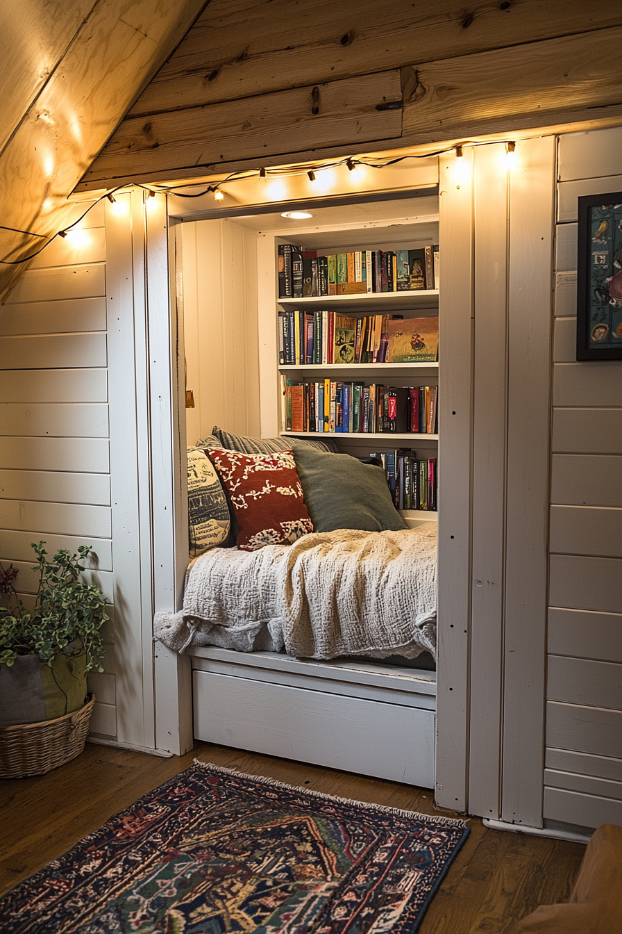 An attic with a secret entrance concealed by a sliding bookshelf.