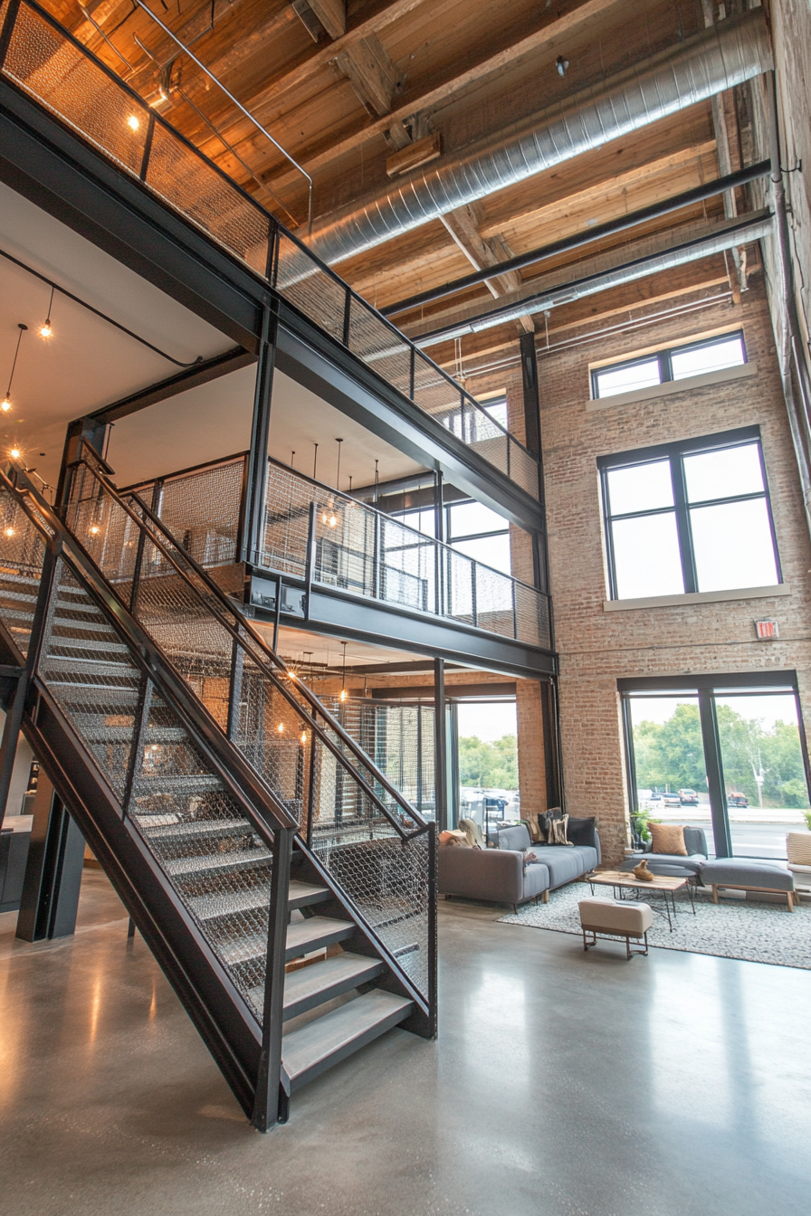 A multi-level loft with an open metal staircase, exposed beams, and large windows.