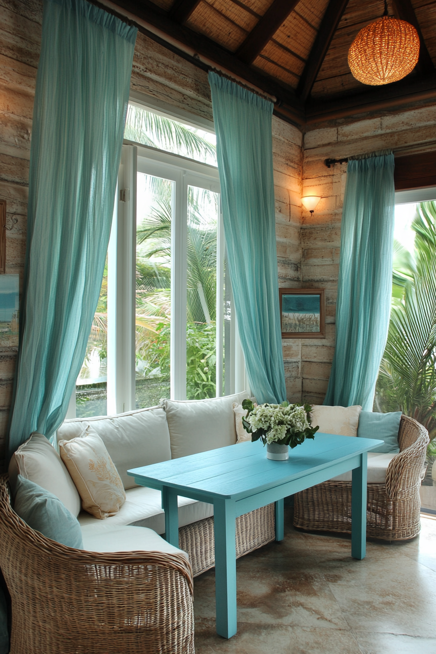 A light blue table, white bench with nautical cushions, and wicker chairs.