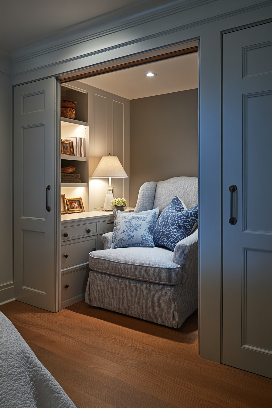 A wardrobe that opens to reveal a hidden reading nook with an armchair and side table.