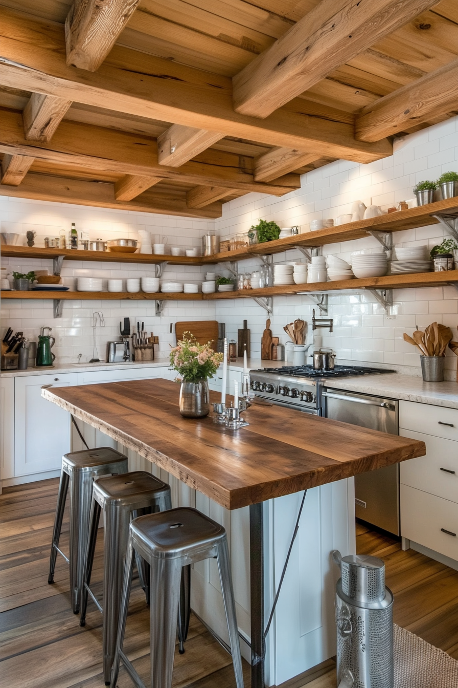 A kitchen with exposed beams, sleek white cabinets, and open shelving.