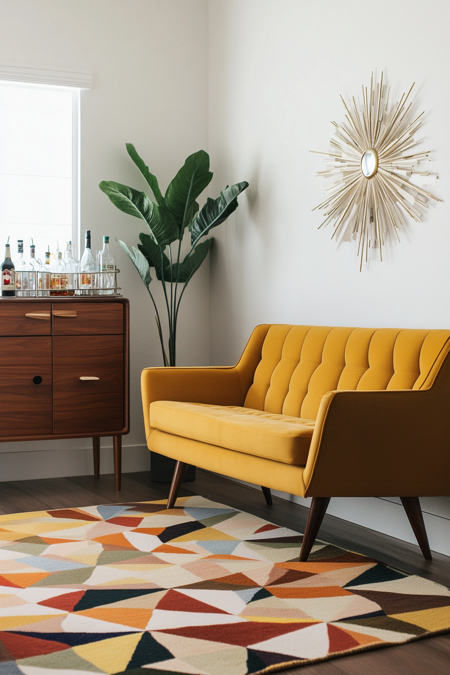 A retro-inspired living room with a mustard-yellow sofa, vintage credenza, and geometric rug.