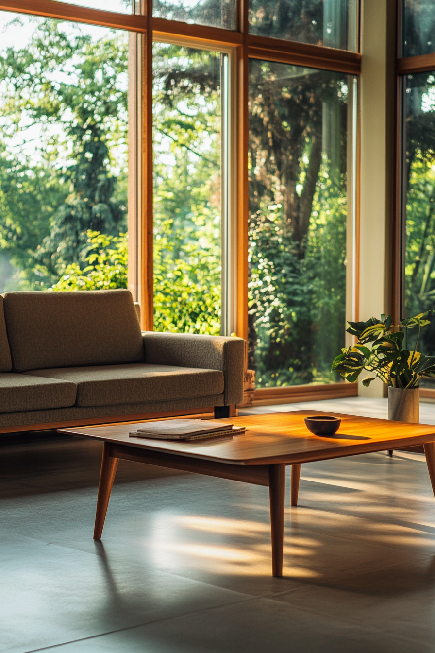 A mid-century modern living room with a low coffee table, sleek sofa, and Eames chair.