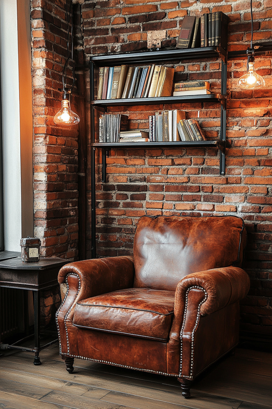 A reading nook with a leather armchair, exposed brick walls, and a metal bookshelf.