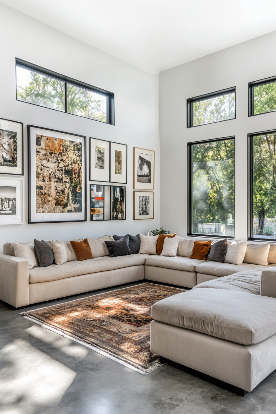 A living room with concrete flooring, sectional sofa, and a gallery wall.