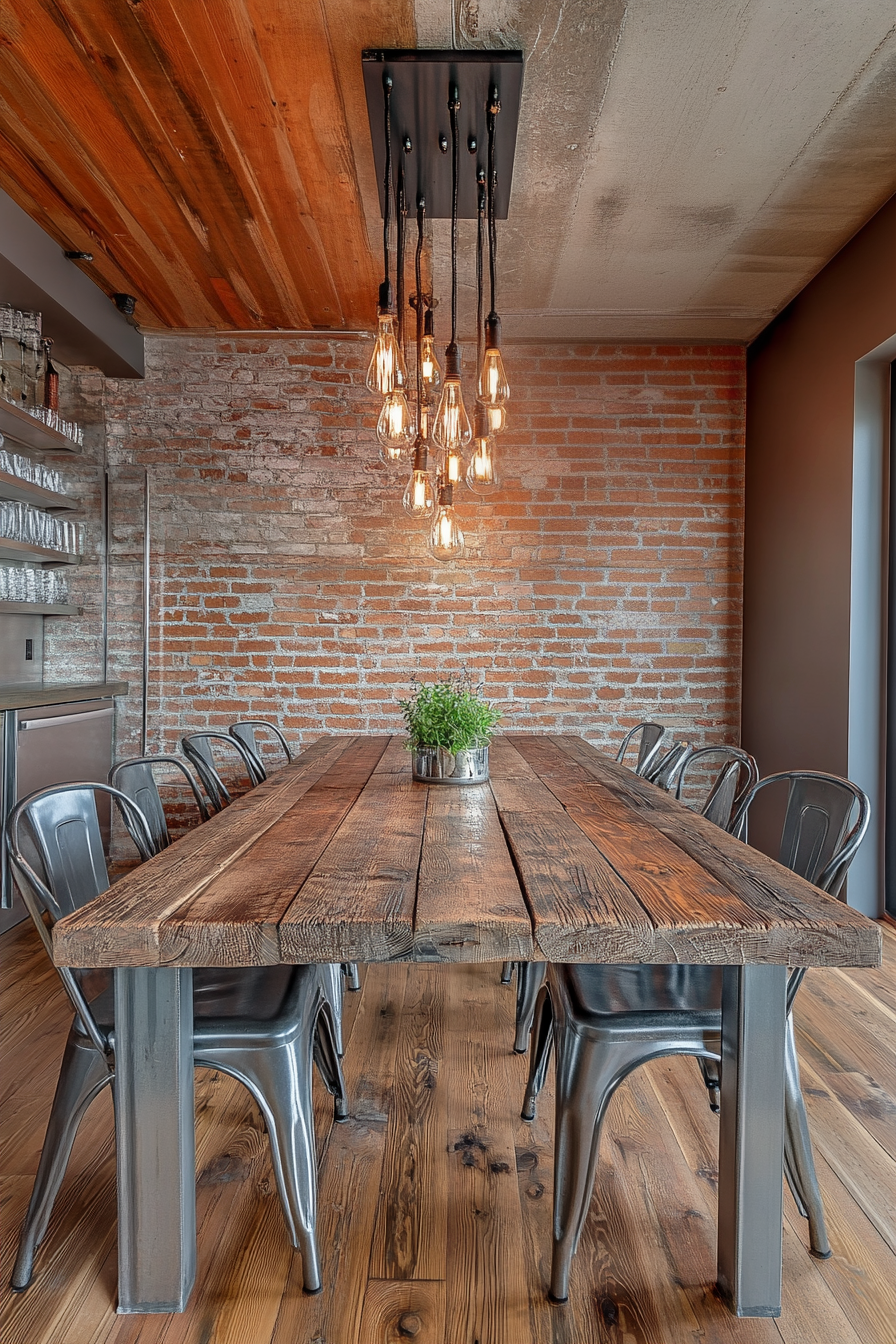 A dining room with a reclaimed wood table, metal chairs, and an industrial chandelier.