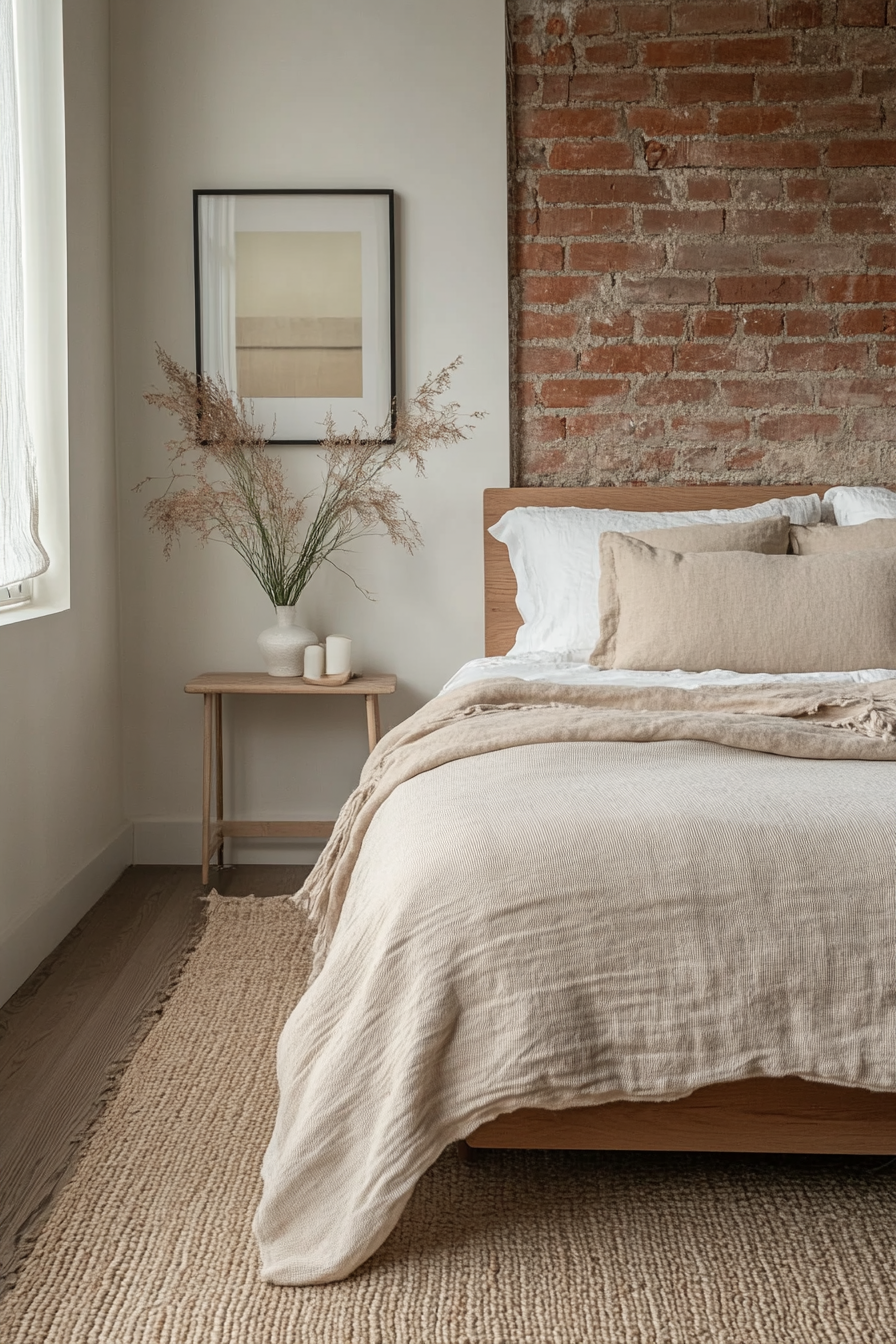 A bedroom with an exposed brick wall, a linen duvet, and a woven rug.