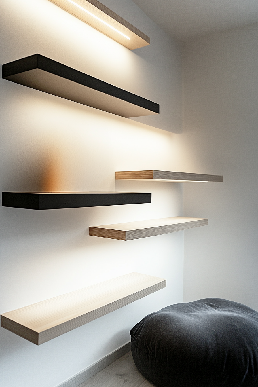 Sleek black-and-white floating shelves forming a vertical path.