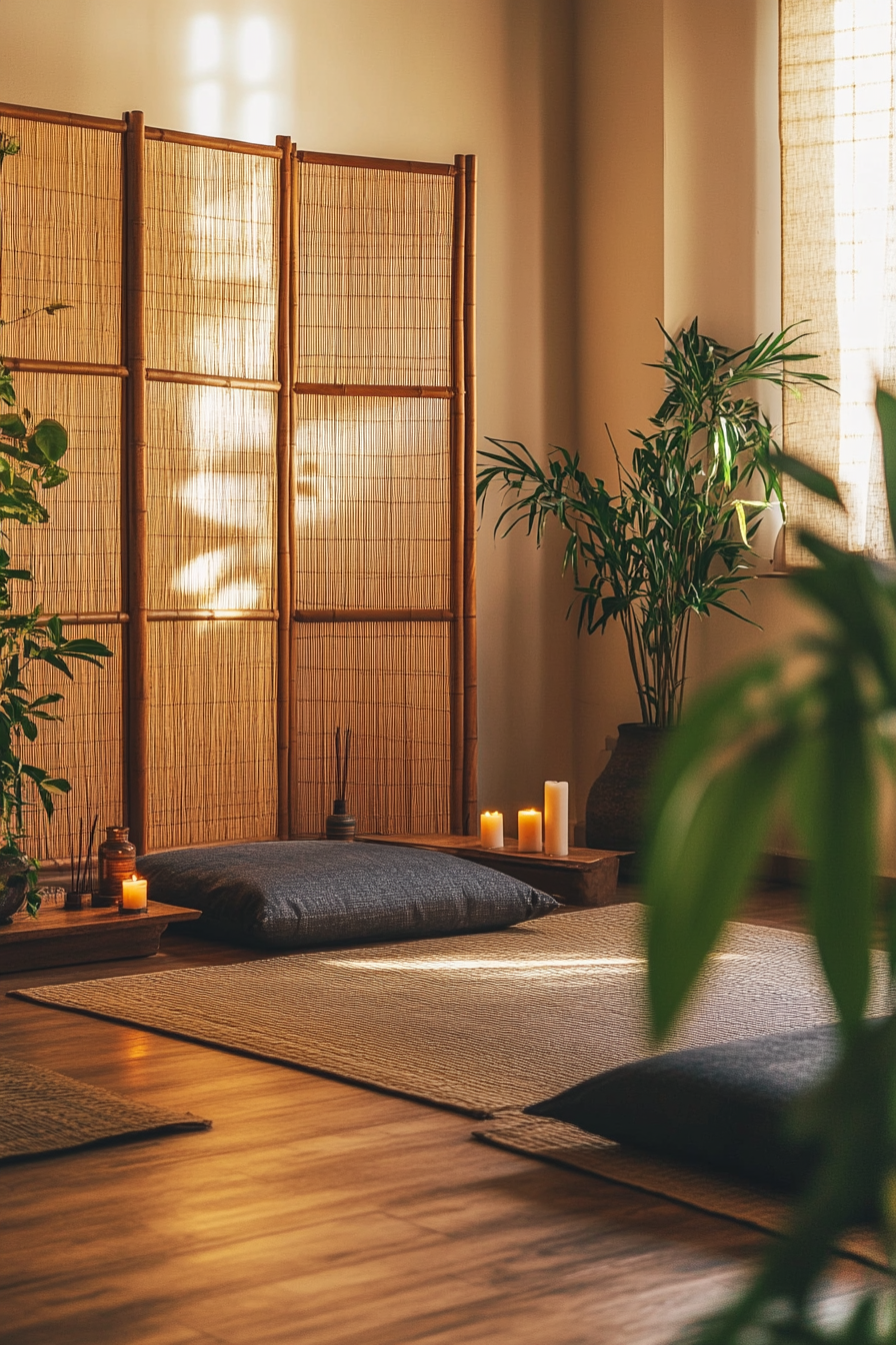 A yoga room with tatami mats, bamboo screen, and an altar with candles.