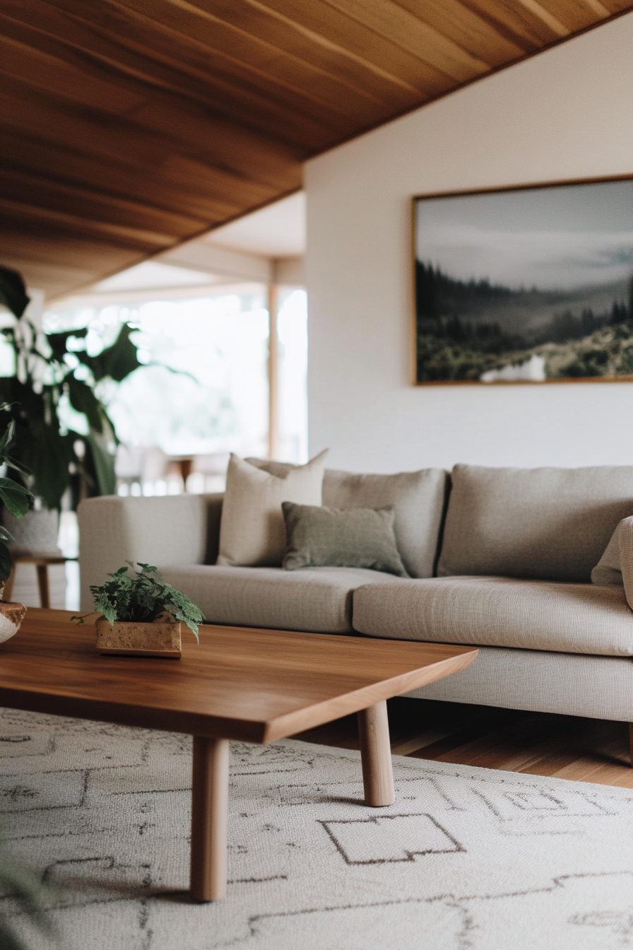 A living room with a gray sofa, light wood coffee table, and indoor plants.