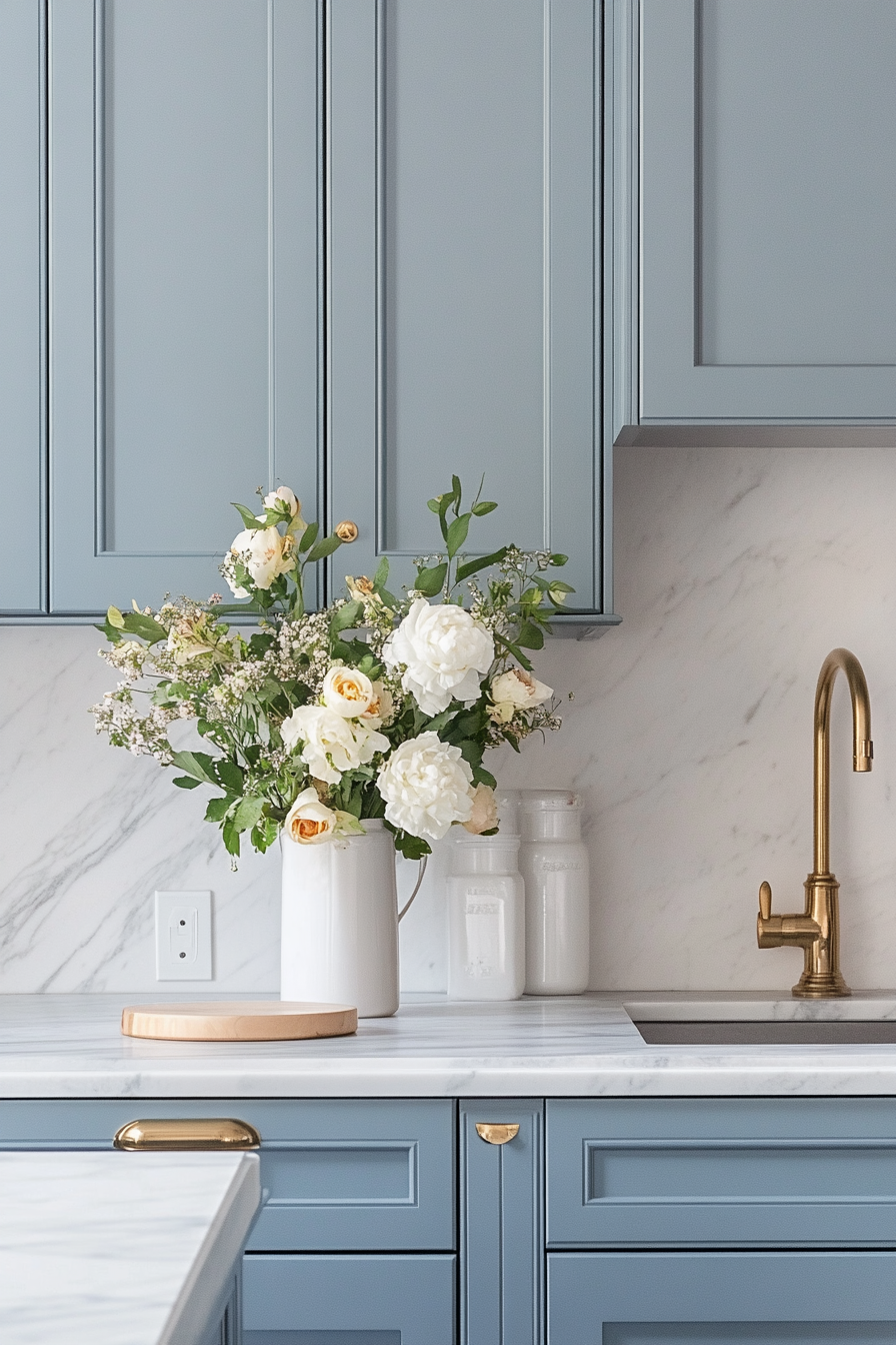 A photograph of a chic French kitchen with soft blue cabinetry and smooth marble countertops. Brass handles and gold fixtures add elegance, while maintaining a simple and functional design.