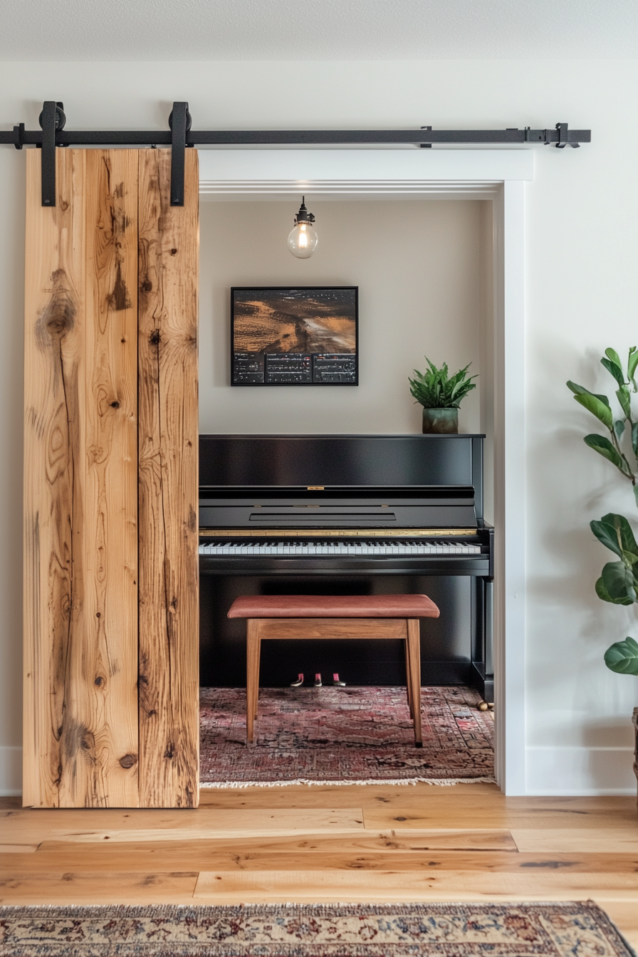 A music studio concealed behind a soundproof sliding door with acoustic panels.