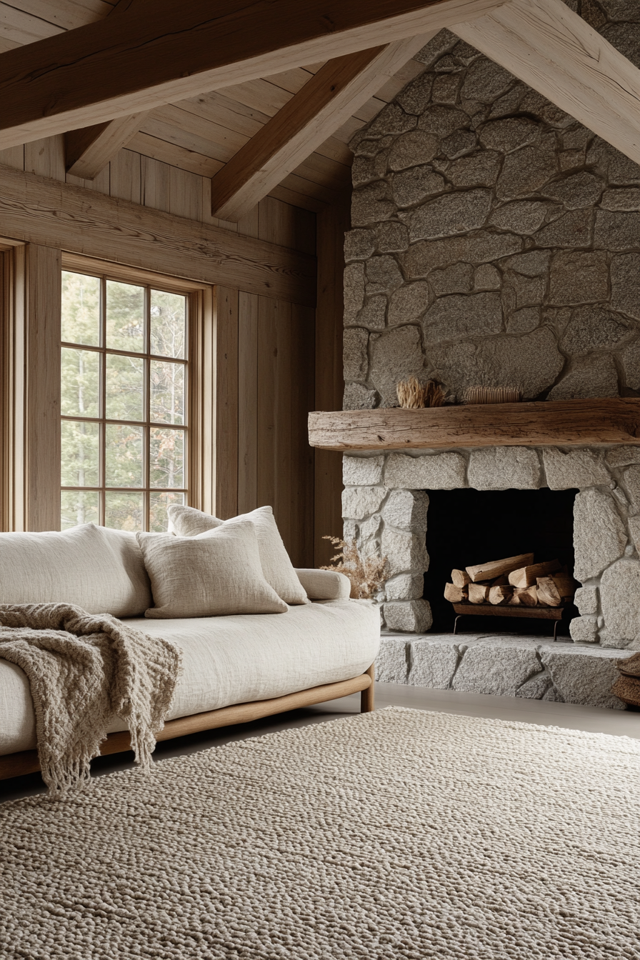 A living room with a stone fireplace, linen sofa, and textured area rug.