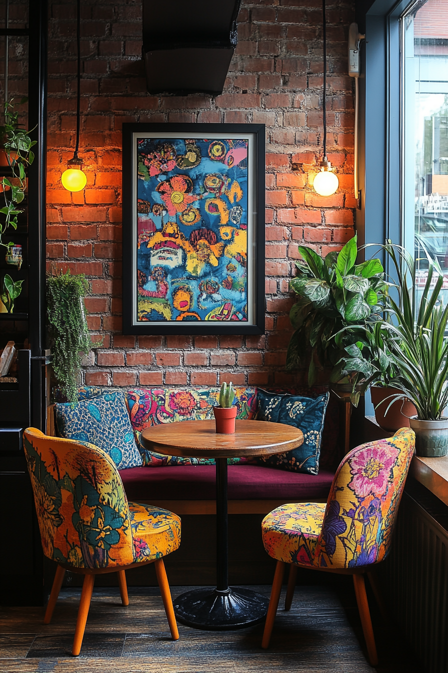 A breakfast nook with mismatched chairs, a small wooden table, and colorful textiles.