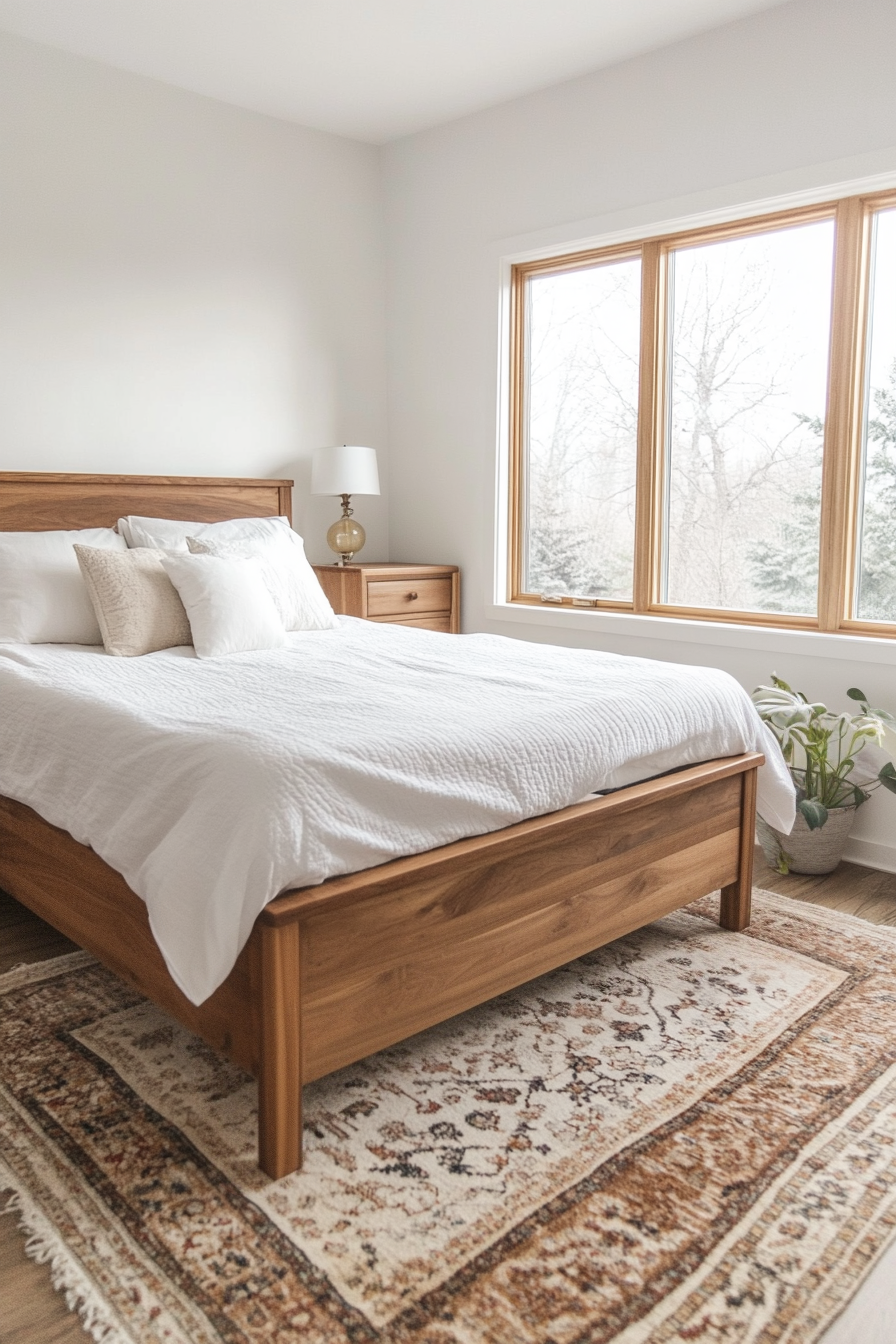 A minimalist guest room with a wooden bed, white linens, and a neutral rug.