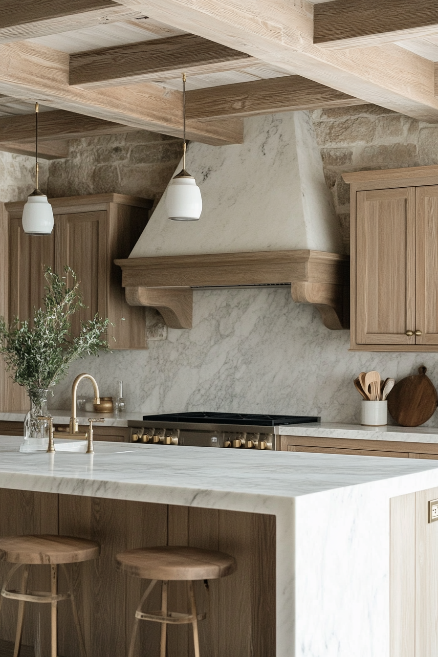 A photograph of a cozy French provincial kitchen with light wooden cabinets, a stone backsplash, and brass handles. A marble-topped island sits at the center, while rustic wooden beams bring warmth and classic European charm.