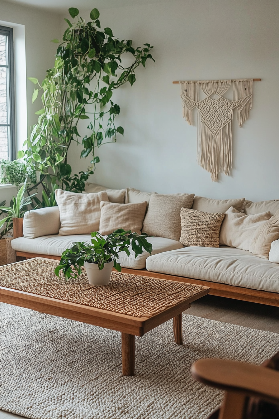 A living room with a low sofa, woven coffee table, and macrame decor.