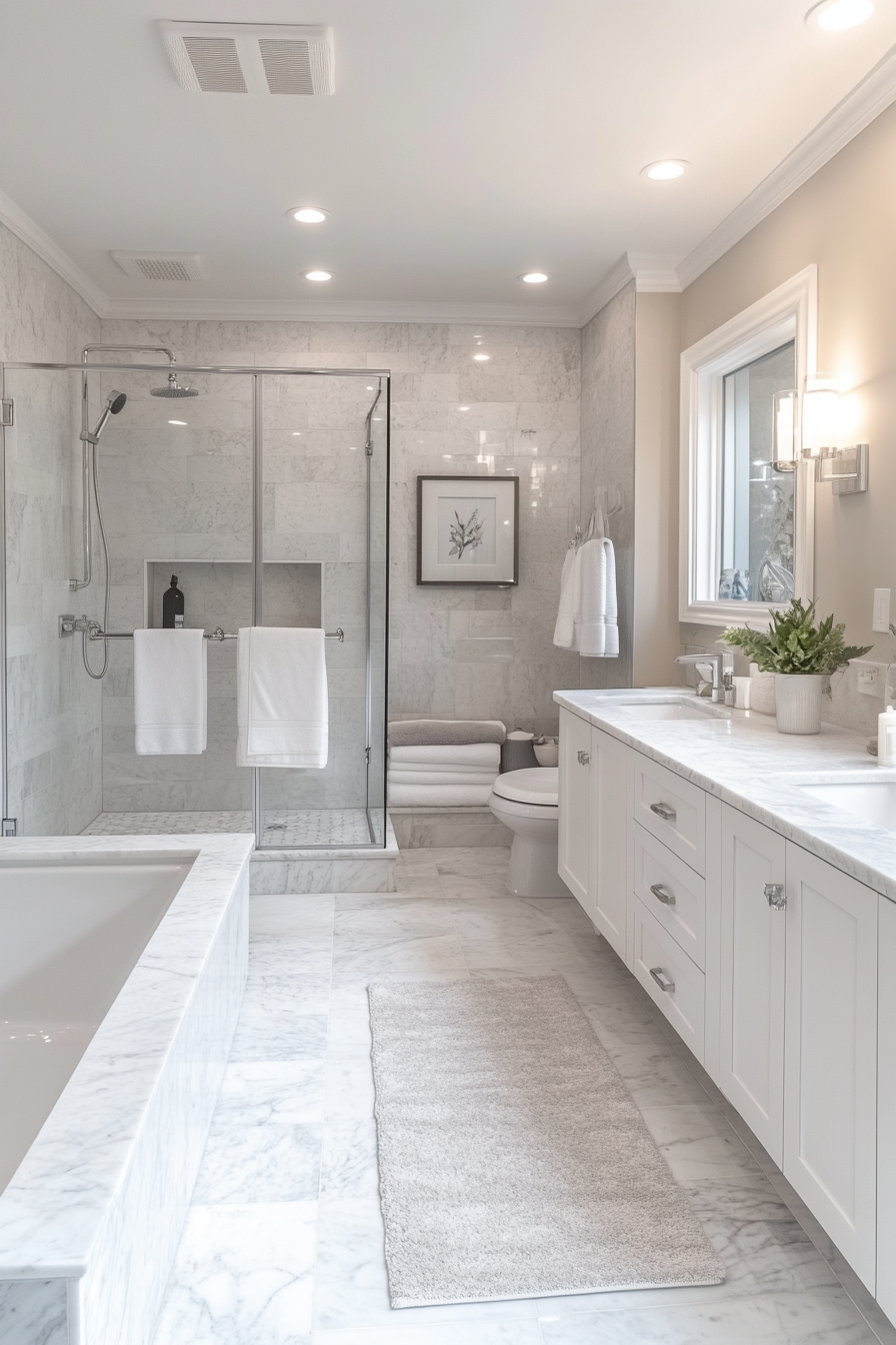A luxurious spa bathroom with white and gray marble tiles.