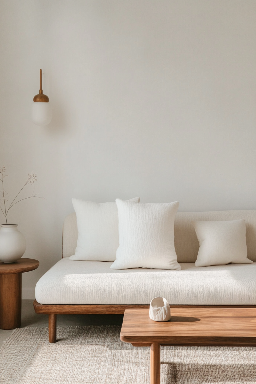 A minimalist living room with a wooden sofa, white cushions, and geometric decor.