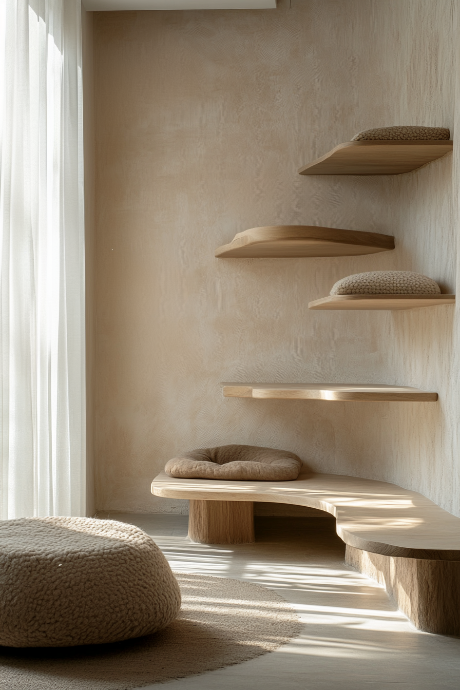 Light wood cat shelves arranged horizontally on a white wall.