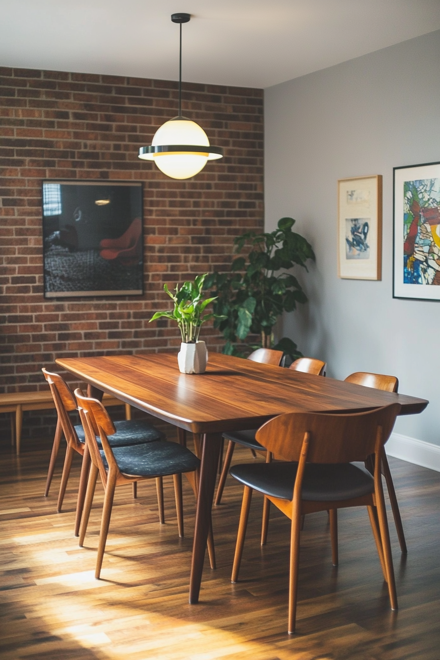 A dining room with mid-century furniture, rustic accents, and a statement chandelier.