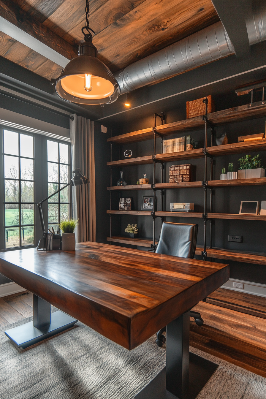 A home office with a wooden desk, metal shelving, and exposed ductwork.