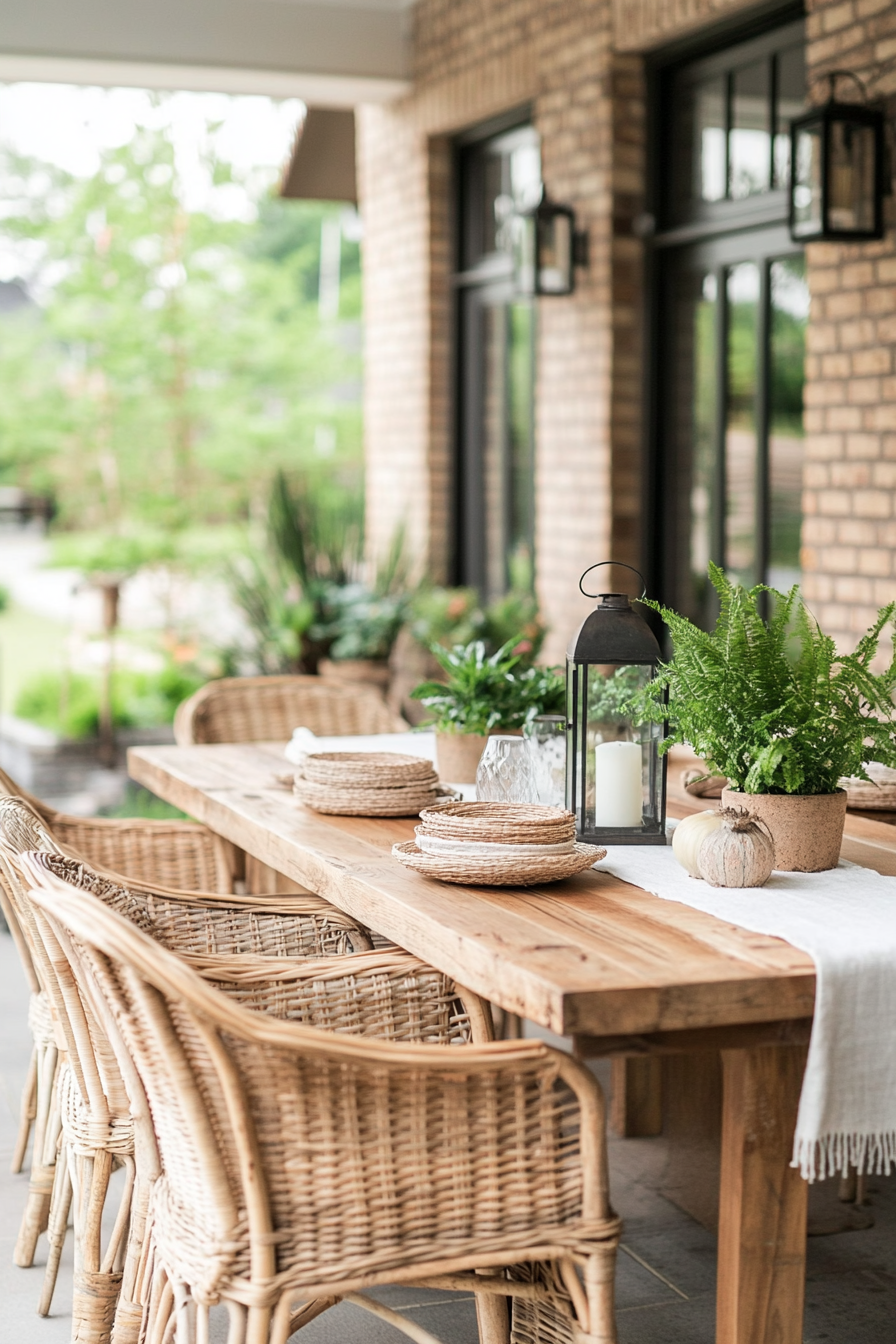 An outdoor patio with a reclaimed wood table, woven chairs, and potted plants.