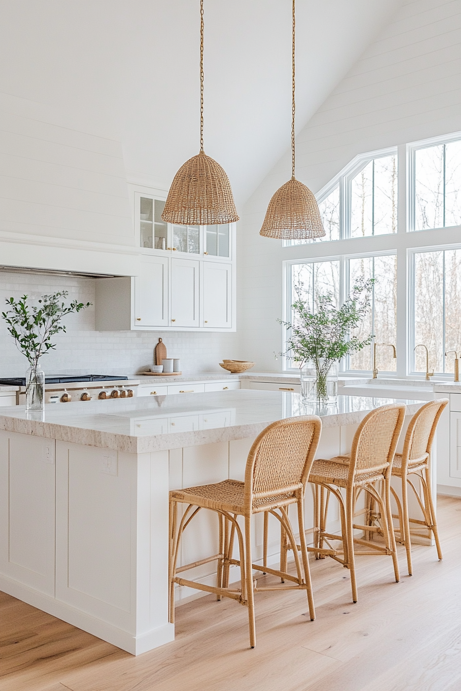 A photograph of a bright kitchen with white cabinetry and stone countertops. Large windows let in natural light, while light wood flooring and simple barstools add warmth and balance to the airy design.