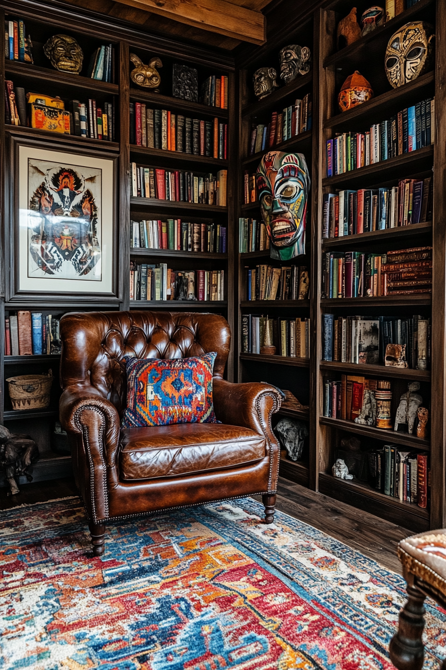 A library with a dark wood bookshelf, leather armchair, and global decor.